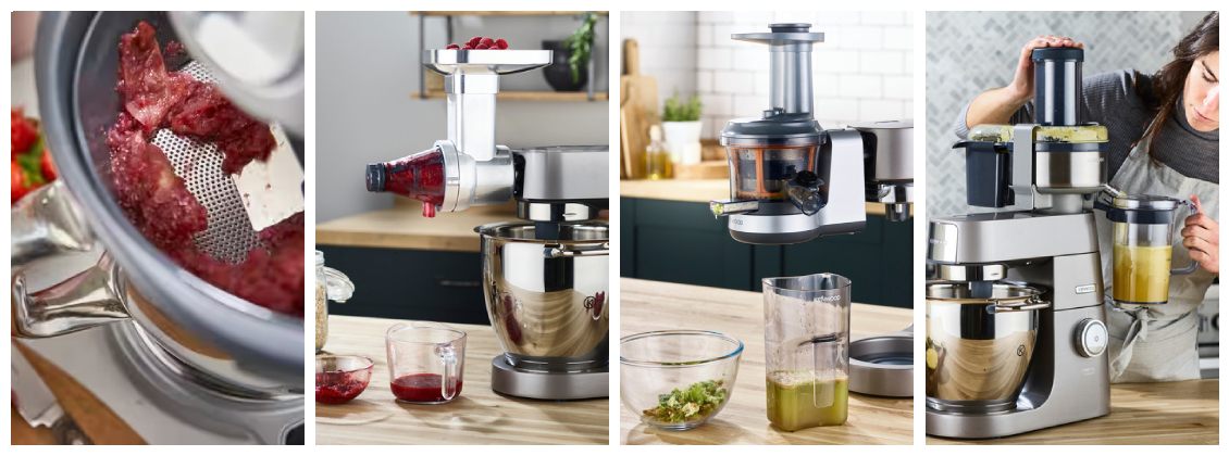 Kenwood Zubehör zum Marmelade kochen und Entsaften 4 Kenwood Aufsätze für die Kenwood Küchenmaschine zum Passieren und Entsaften zum Vergleich nebeneinander gestellt