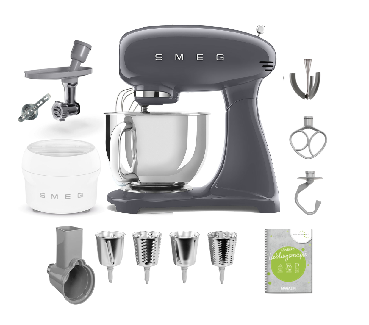 SMEG Küchenmaschine SMF03 Vollfarbe - Gourmet Set Anthrazit-grau